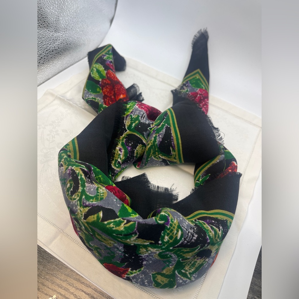 Echo 100% Wool Scarf Japan Floral Black Fringe Square Vintage Red 34x34”